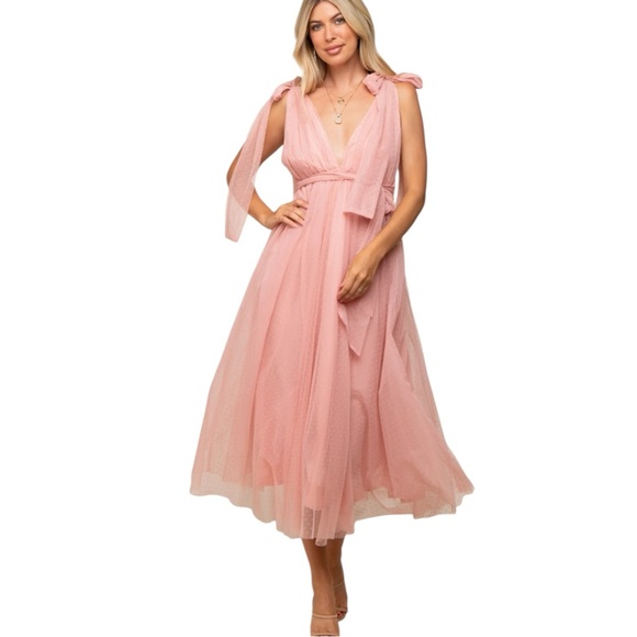 Mable Pink Dotted Tulle Deep V-Neck Shoulder‎ Tie Midi Dress Size S Princess - Picture 1 of 15